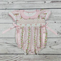 Flower Printed Bow Smocked Baby Bubble