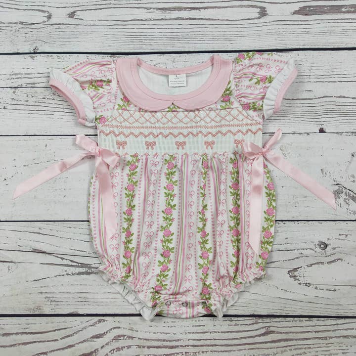 Flower Printed Bow Smocked Baby Bubble