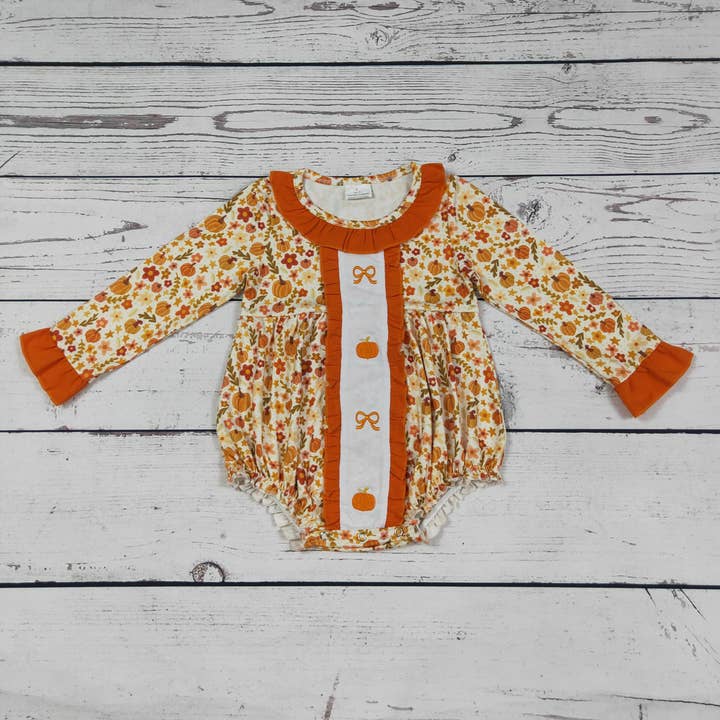 Baby Girl Pumpkin Bow Appliqué Bubble