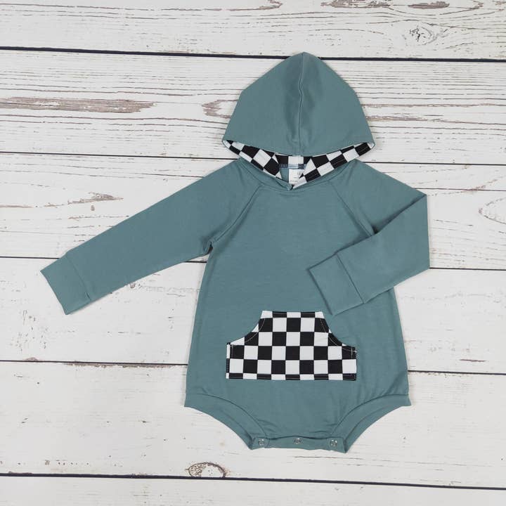 Black Checkered Baby Boy Romper With Pocket