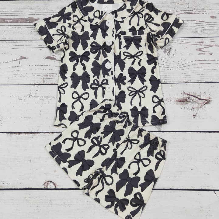 Black Bow Printed Girls Pajamas Set