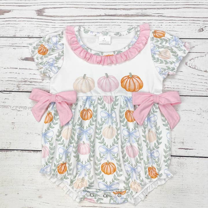 Baby Pumpkin Print Bubble With Pink Bow